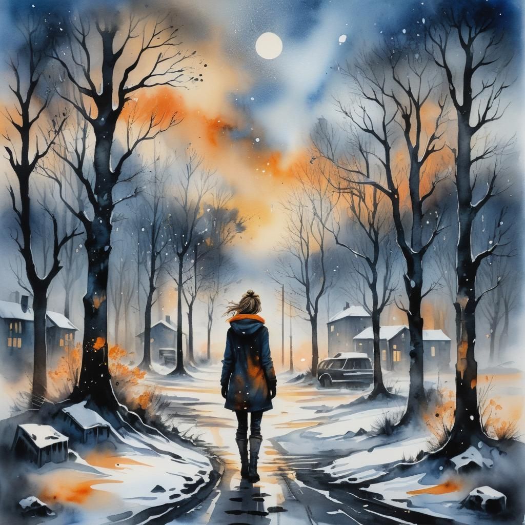 Girl in Black Snowy Cityscape at Twilight