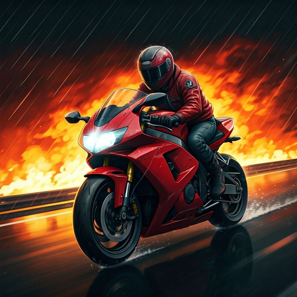 Red-Hot Biker Speeds Down Rain-Soaked Highway