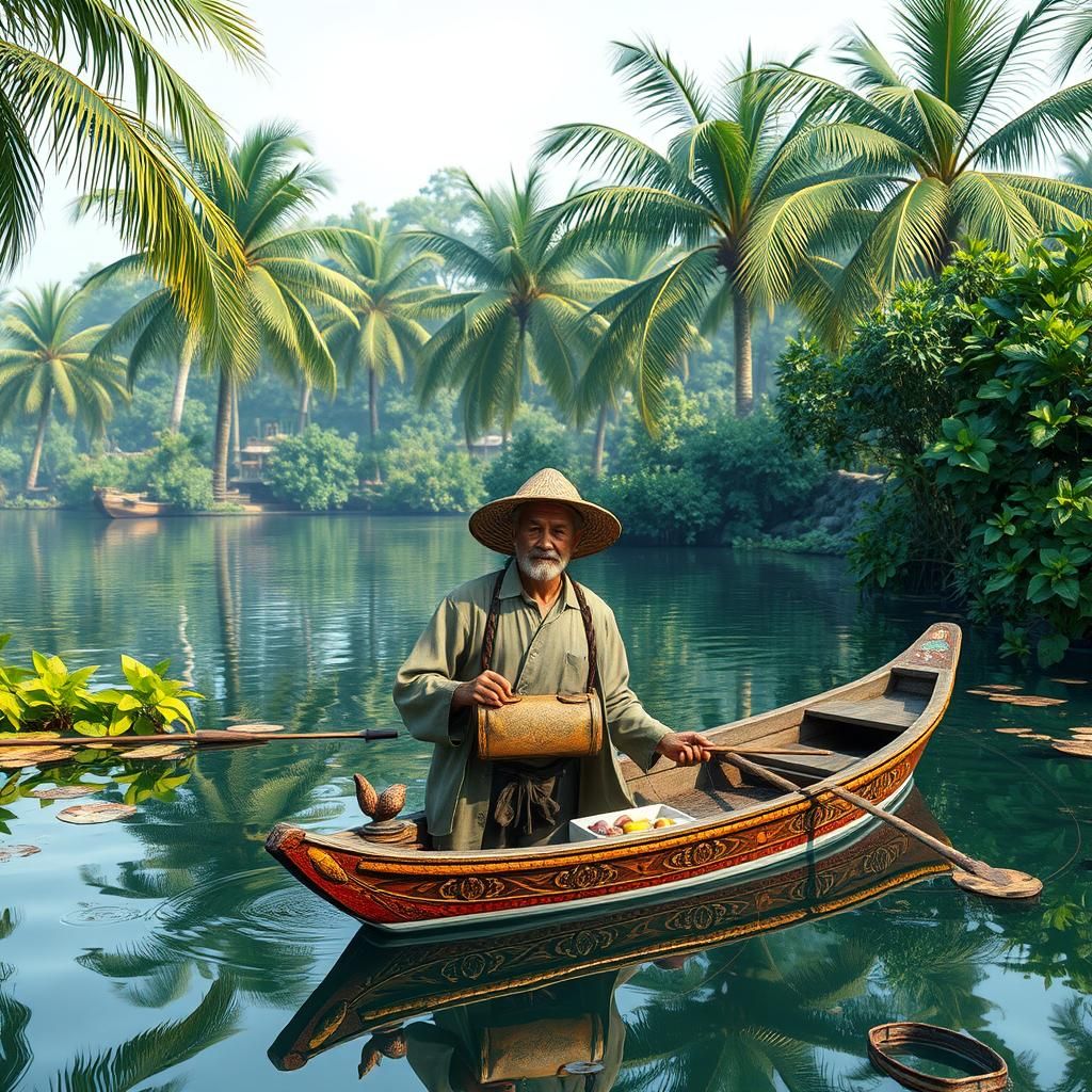 Colorful Ceramic Fisherman in Pond with Palms