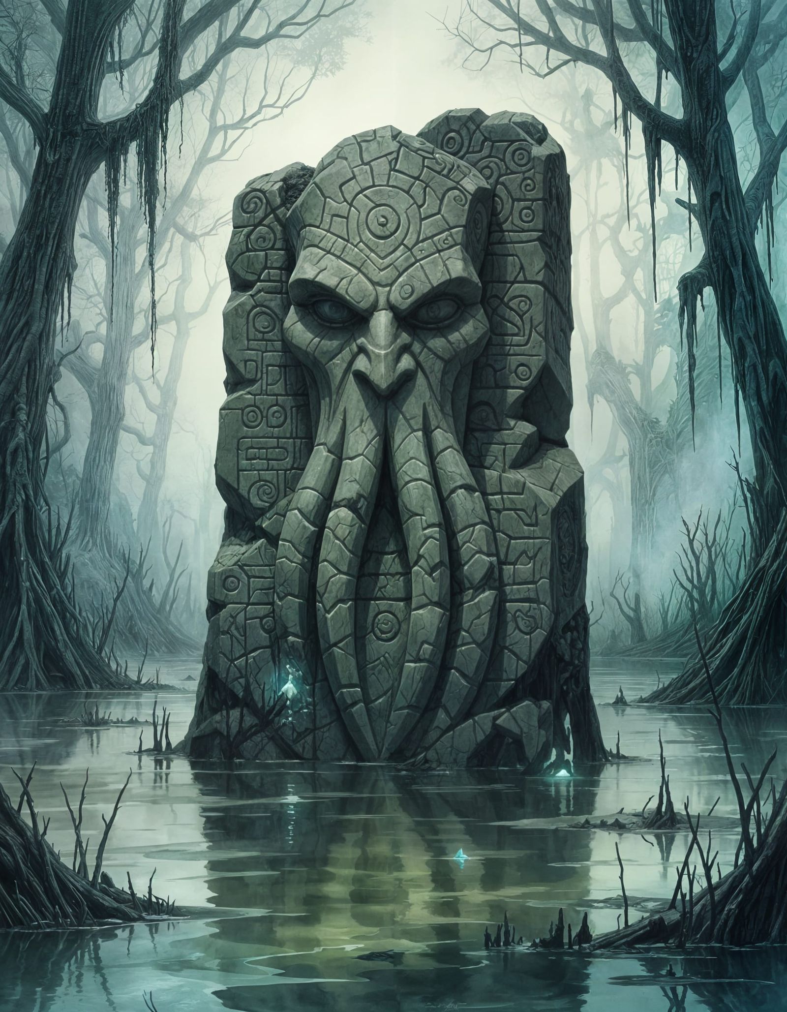 Cthulhu Statue in Swamp, Watercolor Style