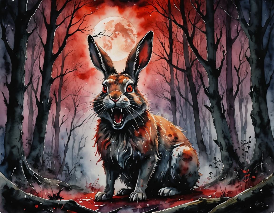 Sinister Rabbit Creature in Haunted Woods: Impressionistic S...