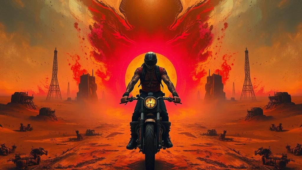 Cyberpunk Biker in Post-Apocalyptic Sandstorm