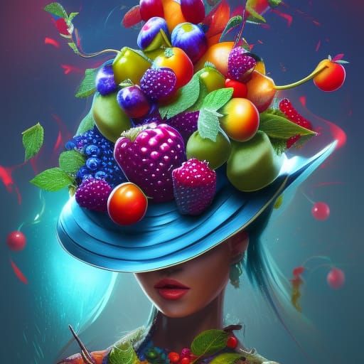 Fruit-Adorned Hat in Vivid Colors, Detailed Matte Painting
