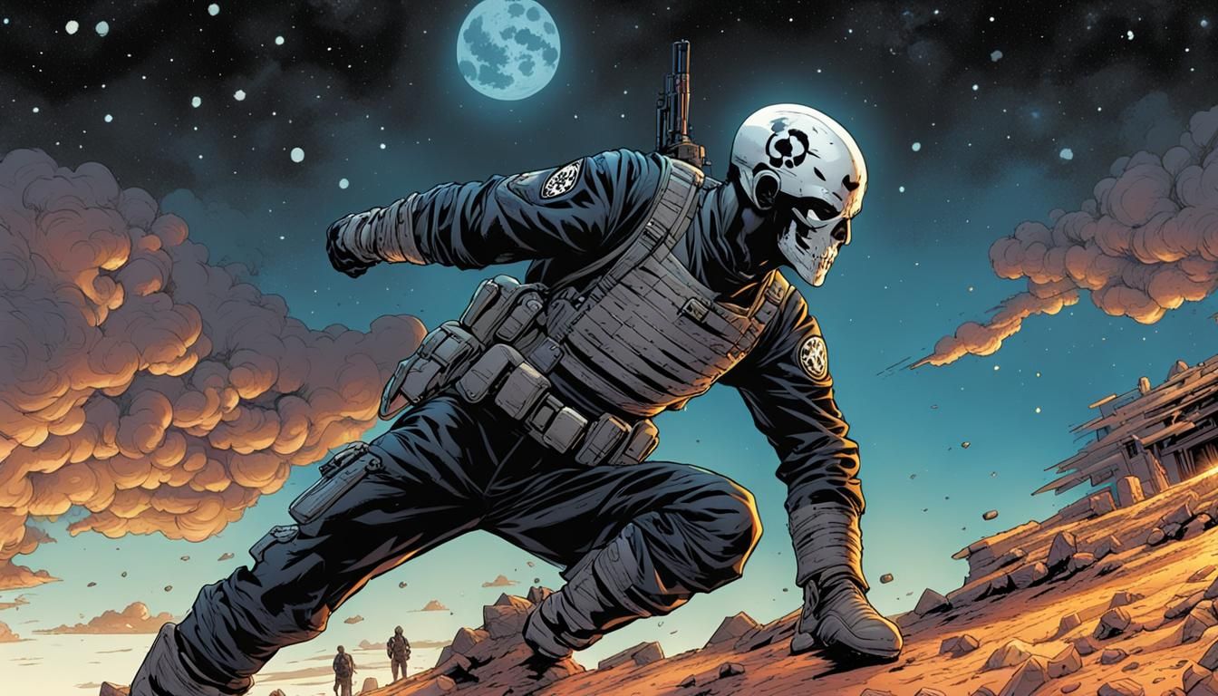 Soldier with Skull in Starry Night, Comic Art