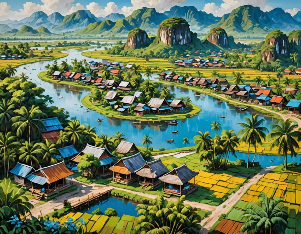Cambodian Village Aerial View as Oil Painting