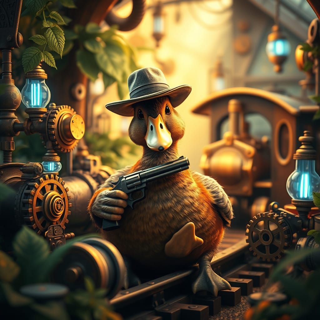 Steampunk Duck in Vintage Train Set with Whimsical Details