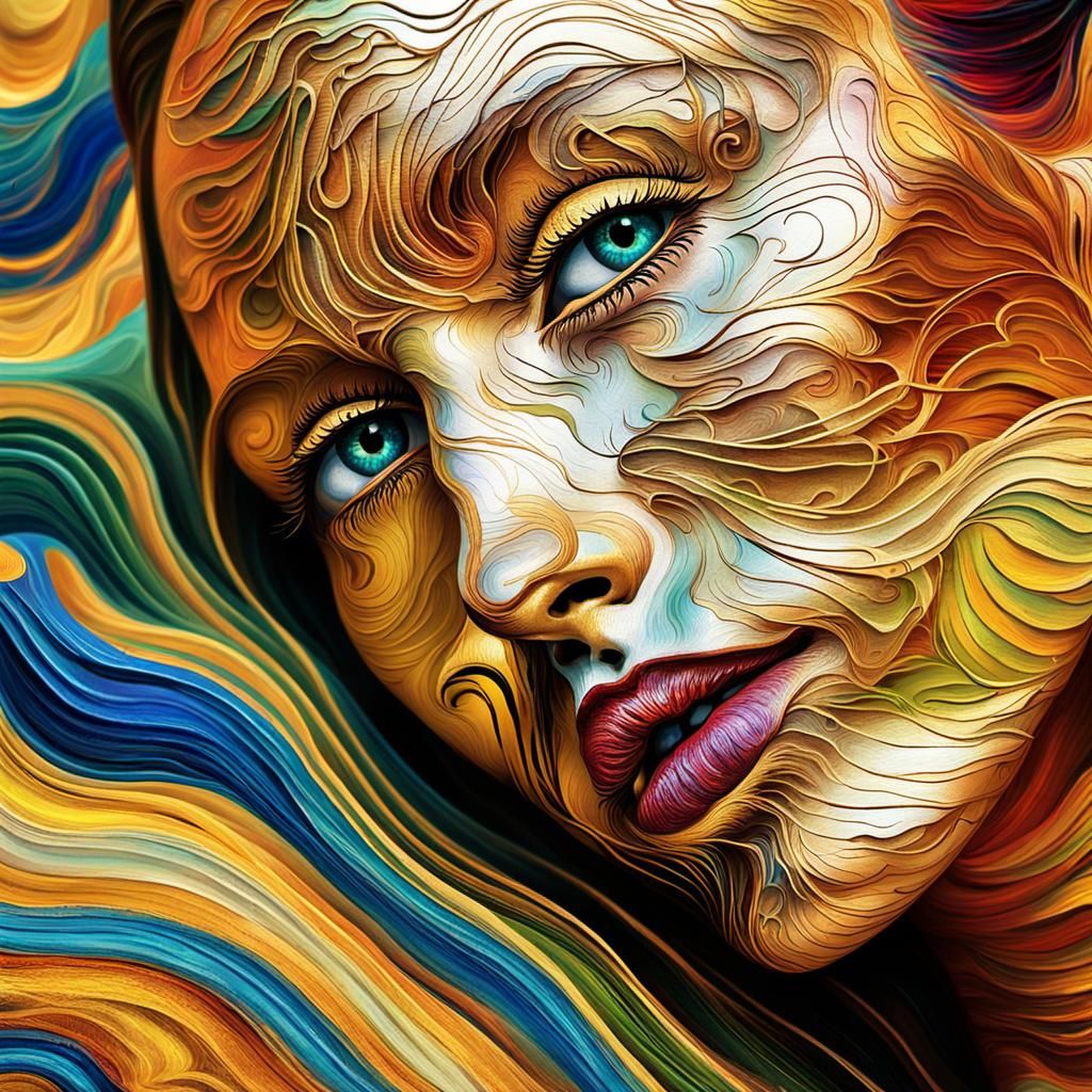 Surreal Woman's Face with Swirling Sound Patterns