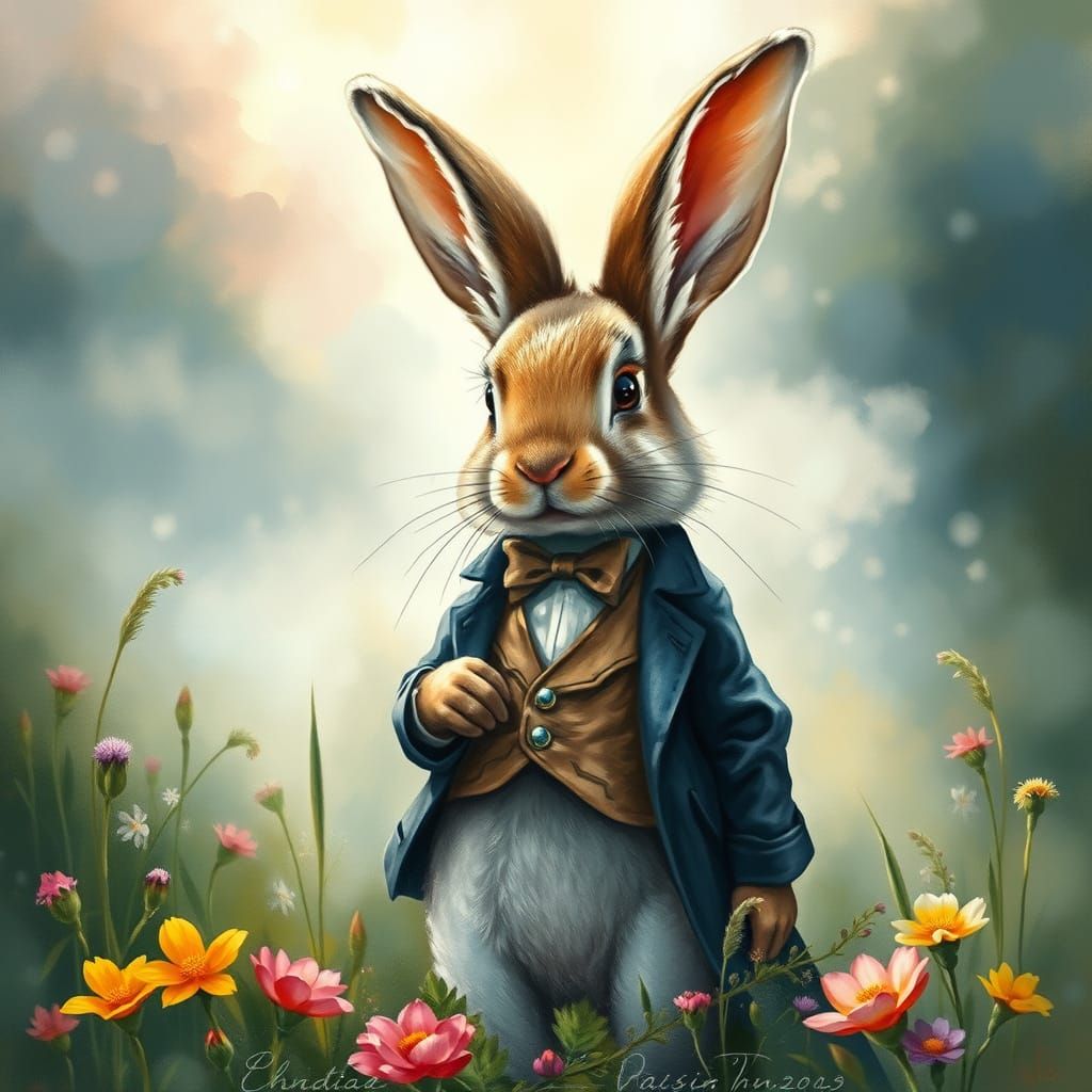 Elegant Rabbit in Meadow, Impasto Gouache and Watercolor