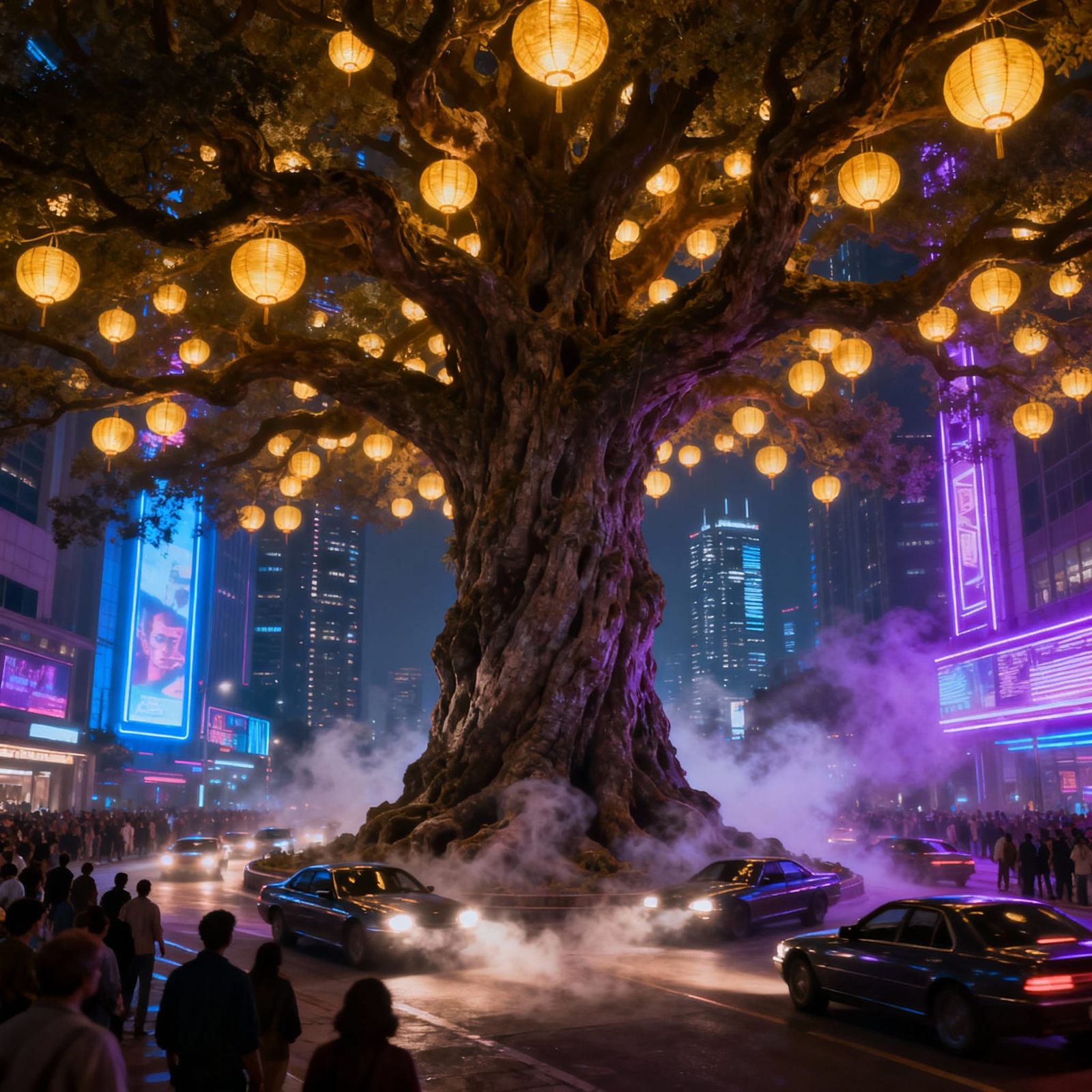 Giant Tree in City Nightscape with Golden Lanterns
