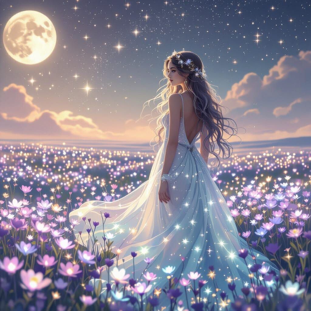 Ethereal Starlight Woman in Violet Flower Field