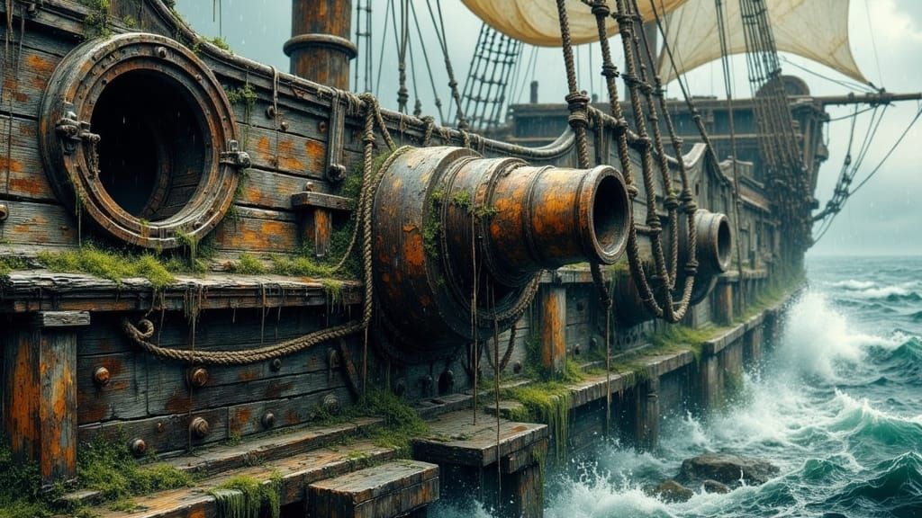 18th Century Ship Hull Section with Cannon