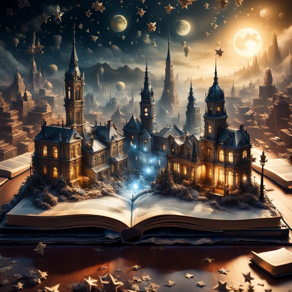 Miniature Cityscape Emerging from Book, Digital Art