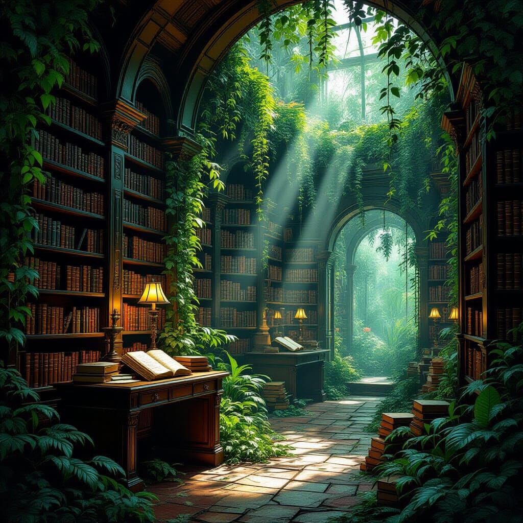 Hidden Jungle Library with Ancient Tomes, Painterly Style