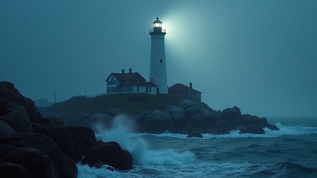 Majestic Lighthouse at Night, Gothic Mystical Scene
