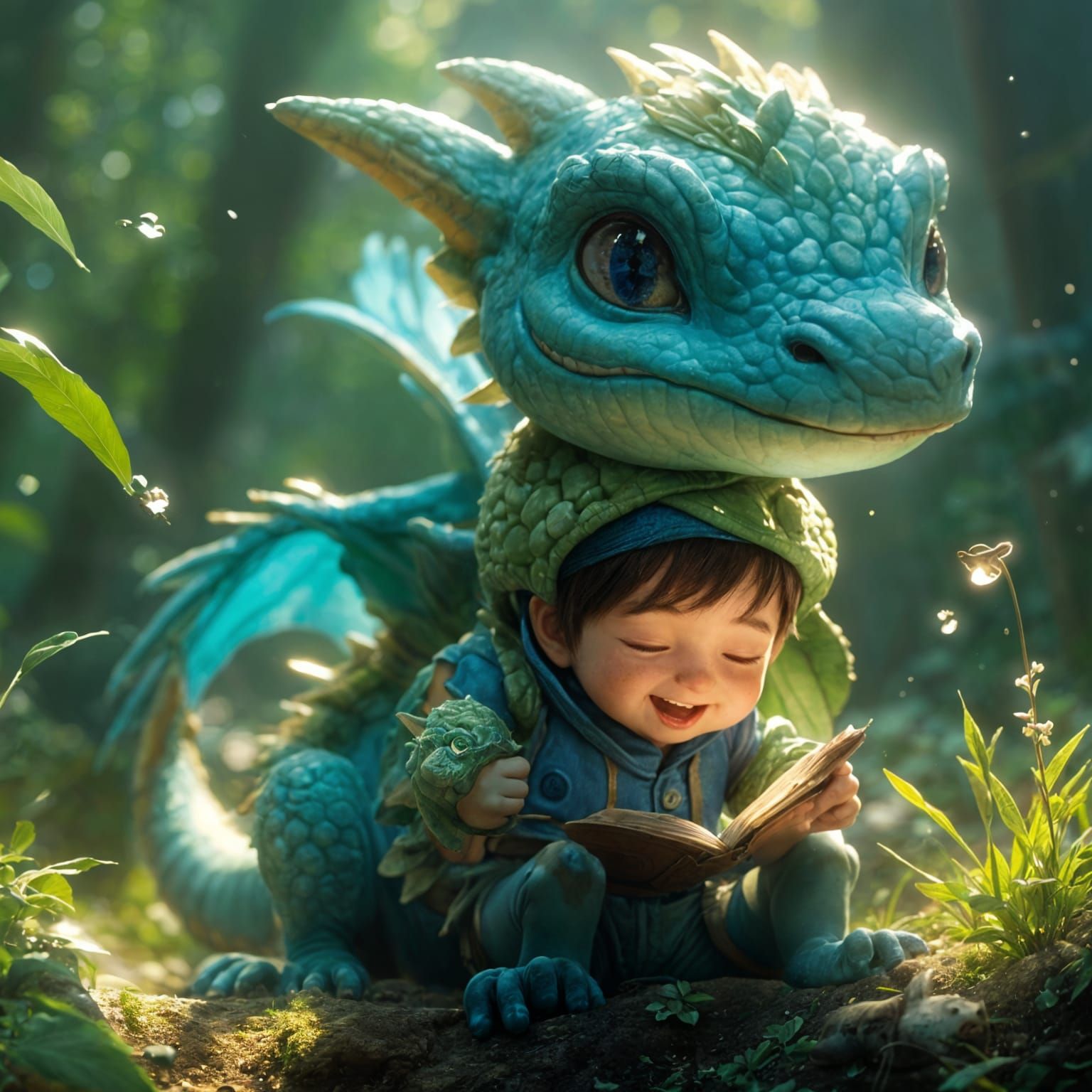 Adorable Baby Dragon and Mouse Playtime, Anime Style