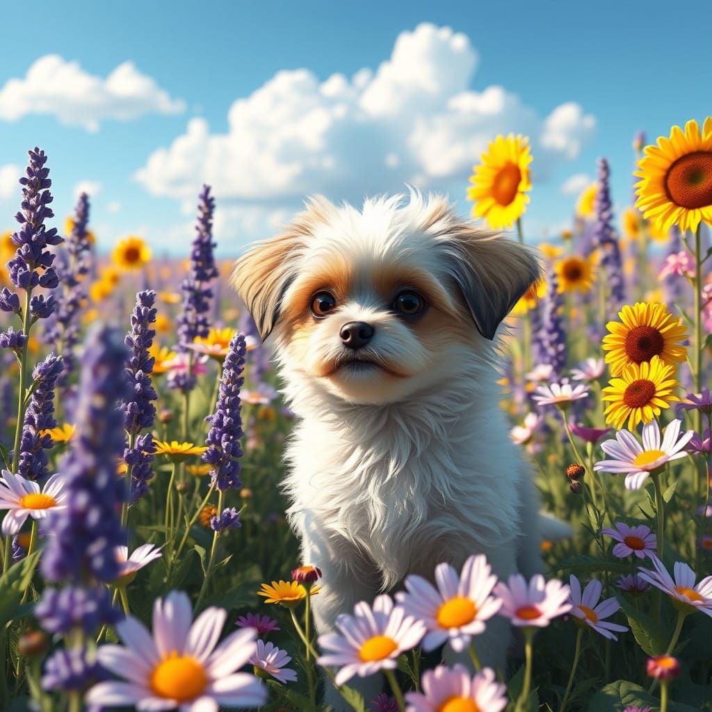 Whimsical Canine in a Vibrant Floral Realm
