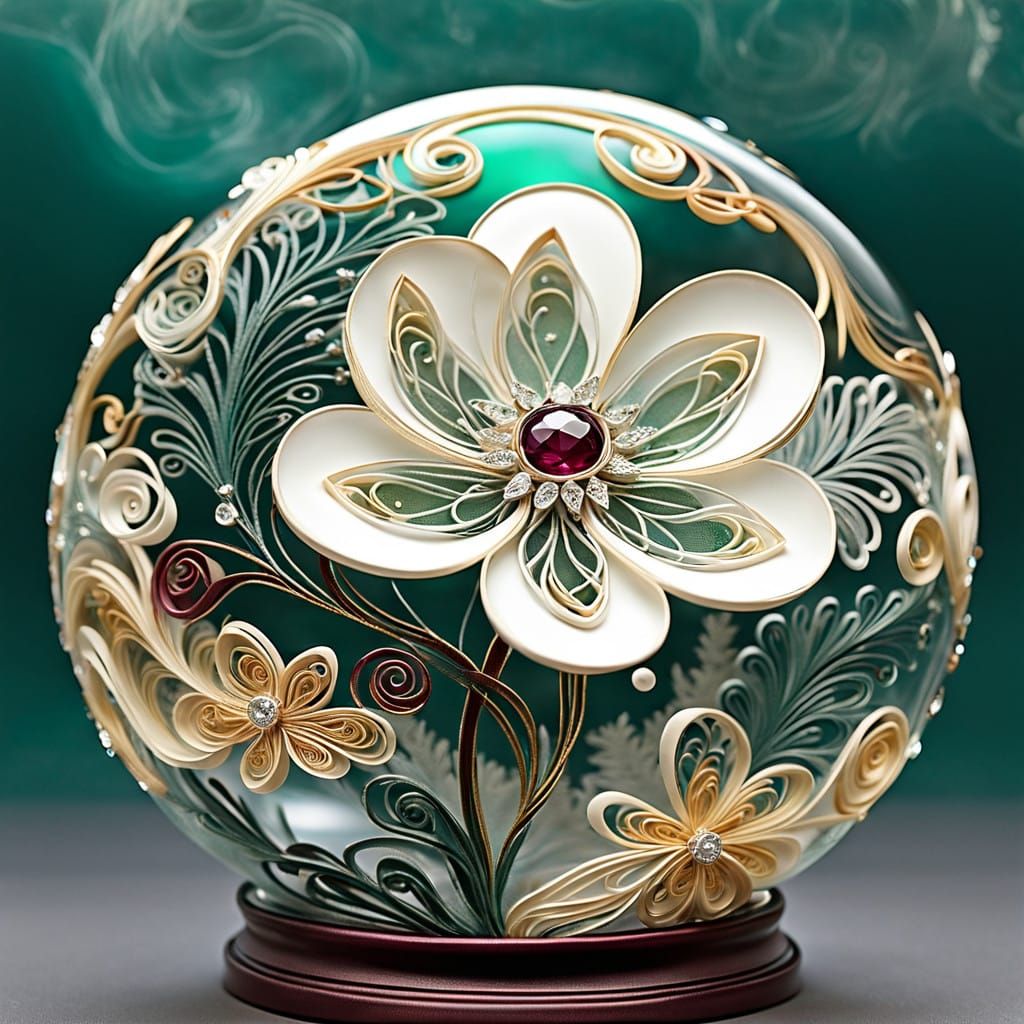 Ethereal Crystal Flower in Glass Orb Against Dark Christmas....