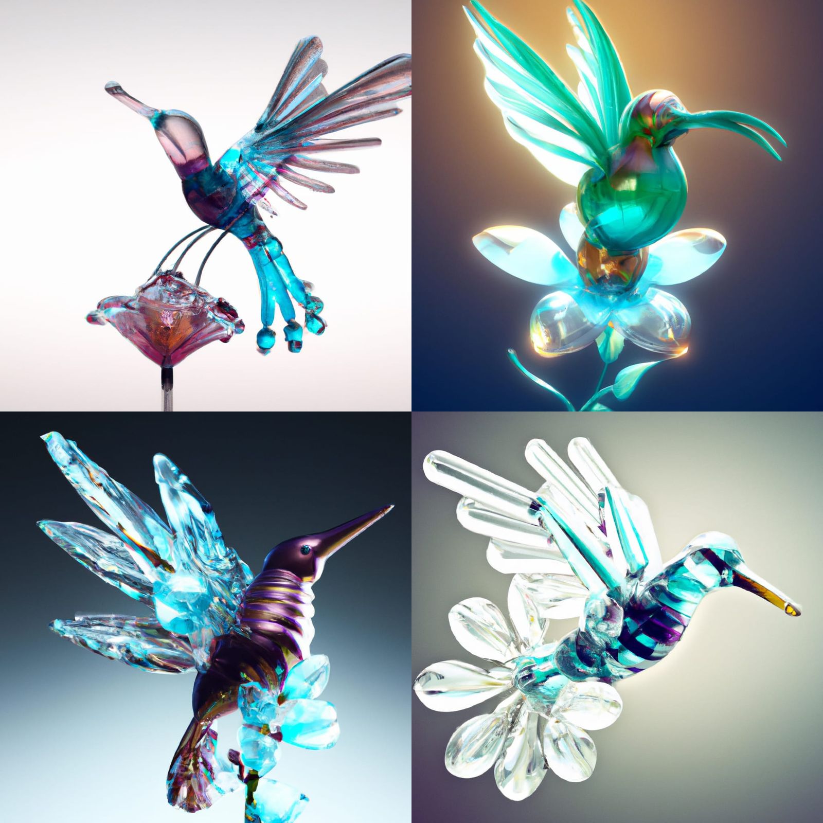 ""Crystal hummingbird made of crystal, flower made of crystal, crystal render, 8k resolution concept art Hyperdetailed M...