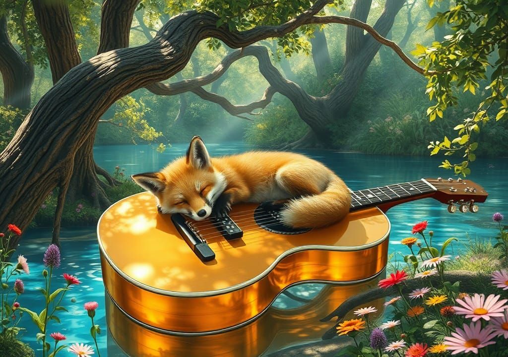 A very cute fox is sleeping on a guitar.