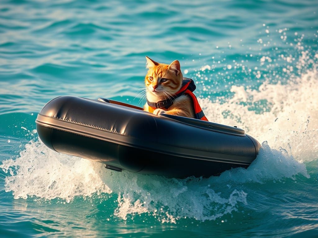 Cat Rides Pneumatic Boat on Turquoise Sea