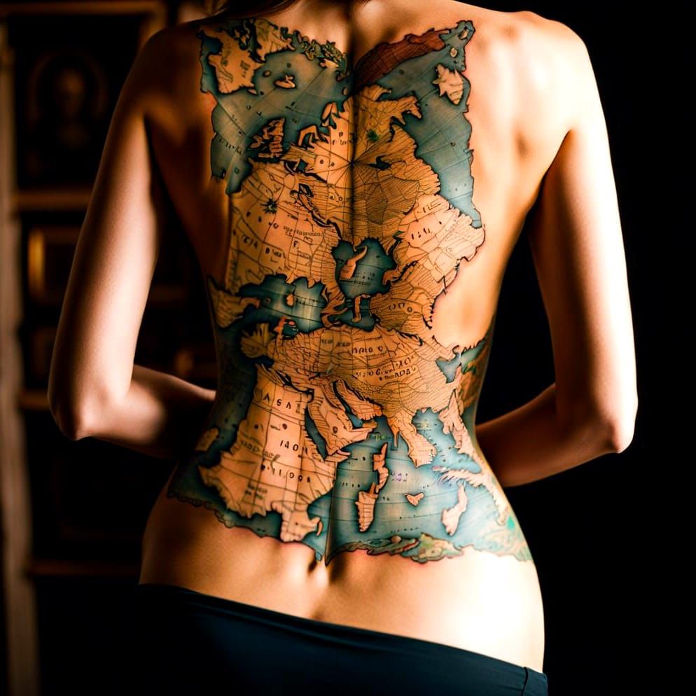 Medieval Map Tattoo on Woman's Back