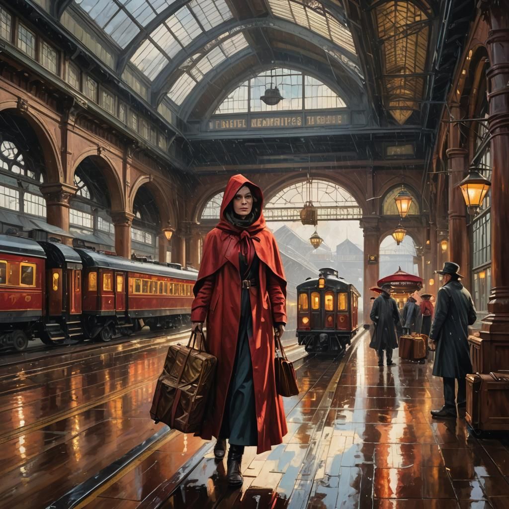 Woman in Red Cloak at 1800's Train Station