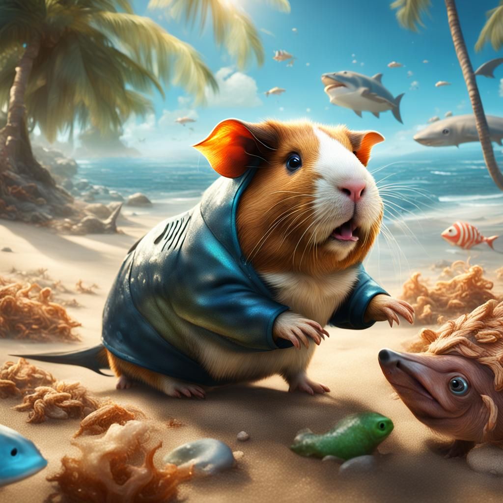 Guinea Pig's Beach Nightmare: Shark Attack in Digital Art