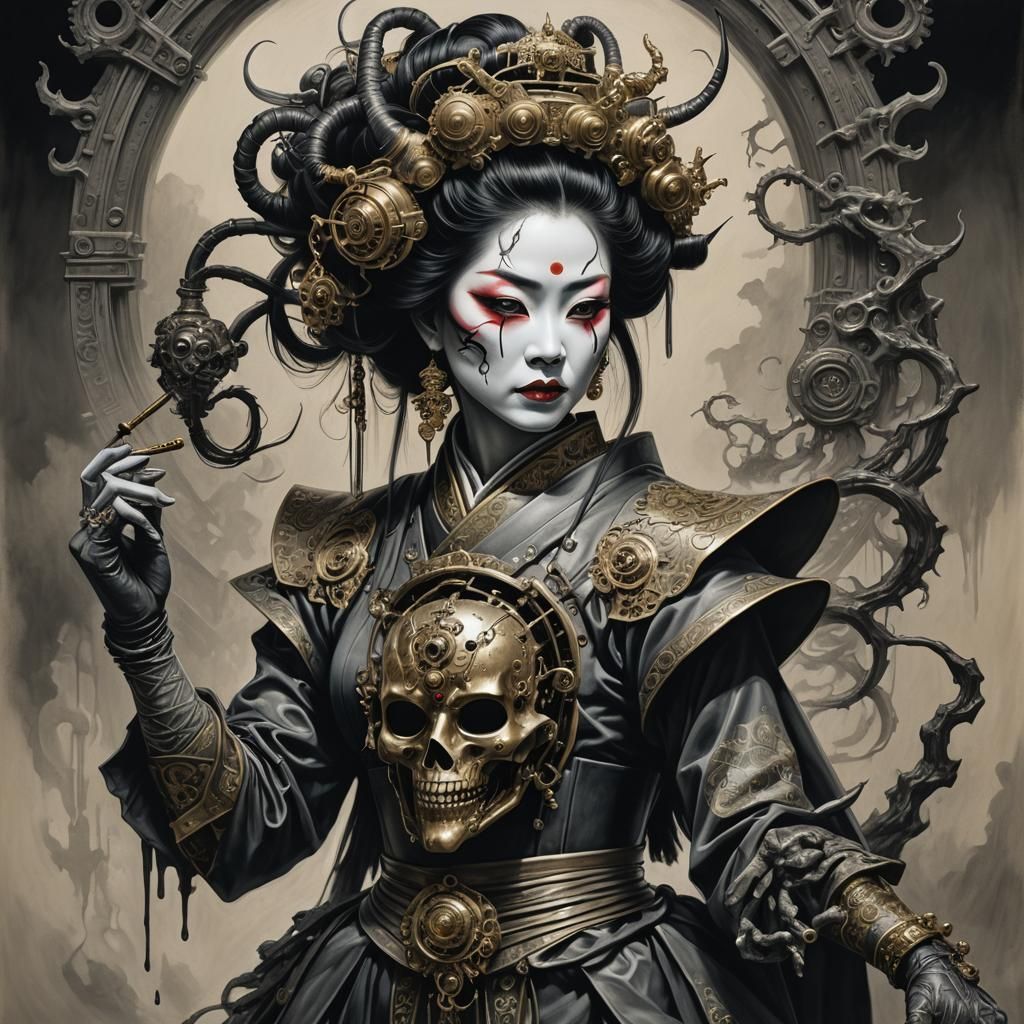 Steampunk Geisha with Oni Mask, Hyperrealistic Art