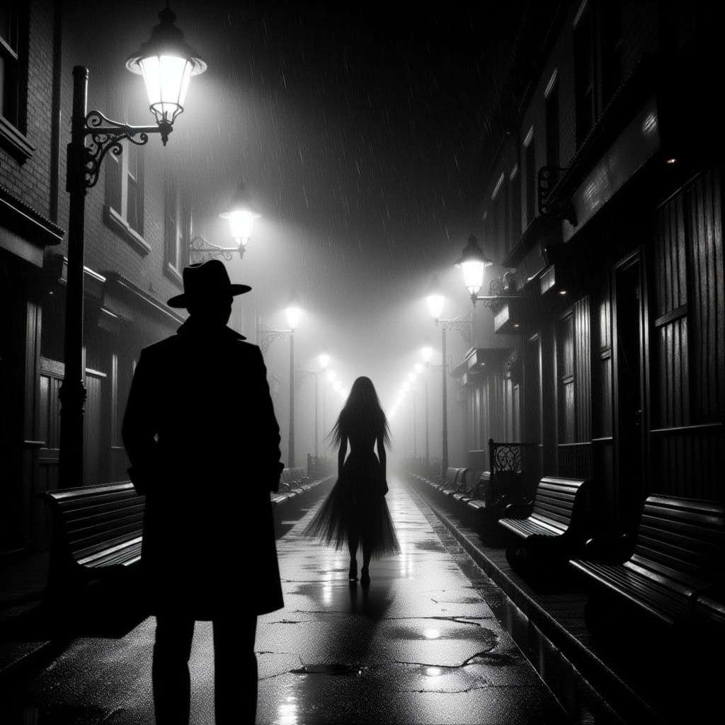 Film Noir Street Scene: Man & Woman in Rainy Alley