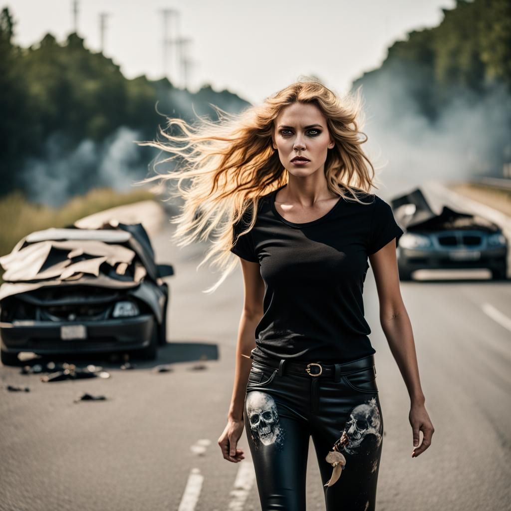 Woman Walks Away From Explosion in Hyperrealism