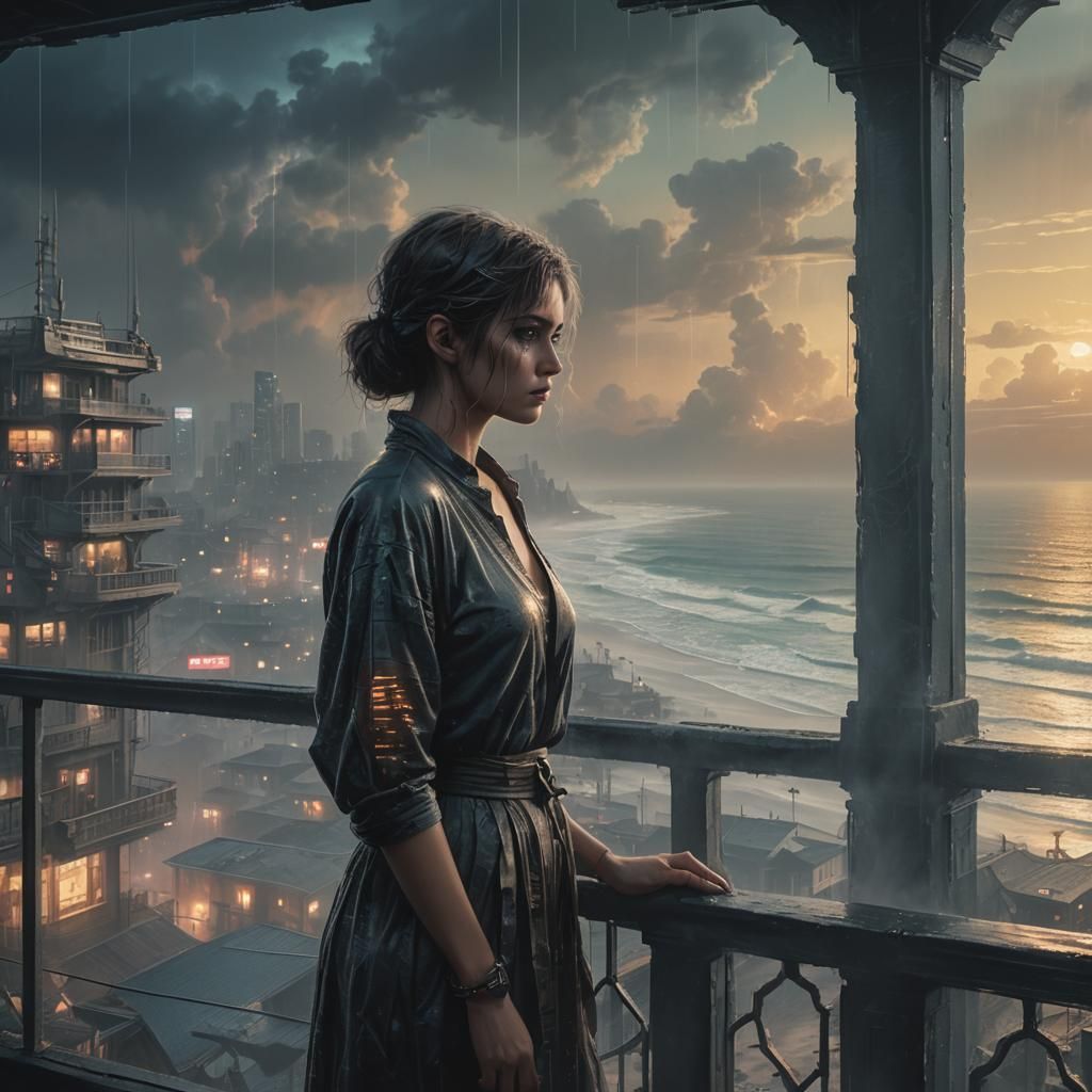 Cyberpunk Woman Balcony View, Hyperdetailed Digital Art