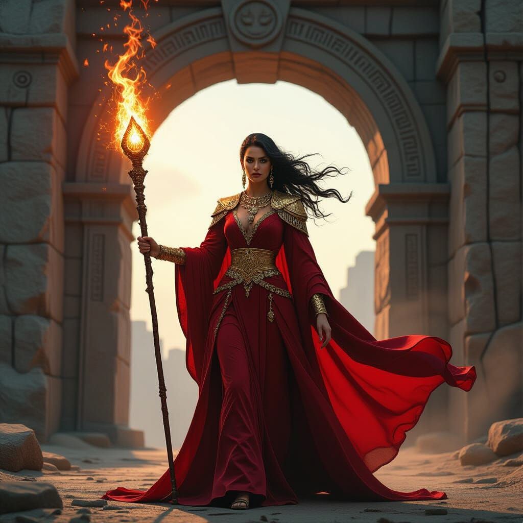Crimson Sorceress Before Ancient Archway