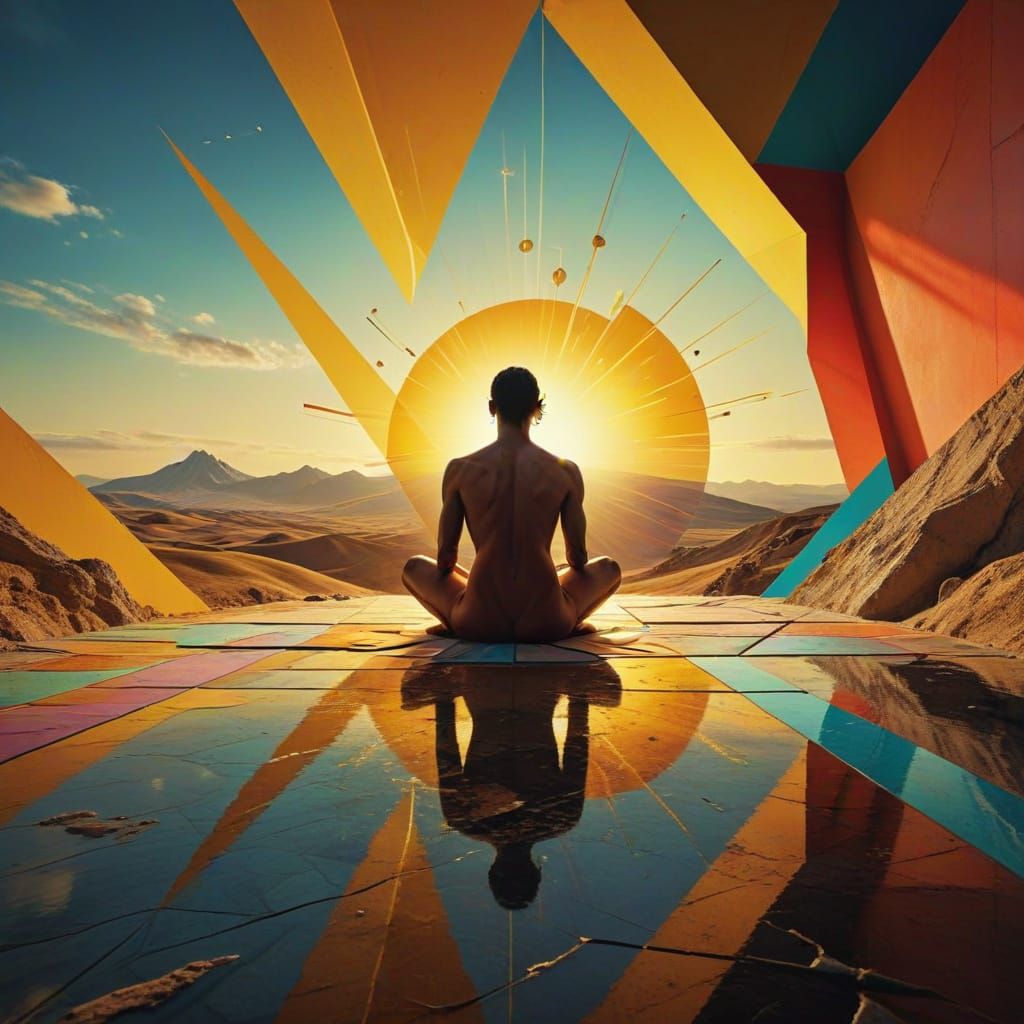 Serene Pop Art Landscape with Geometric Shapes