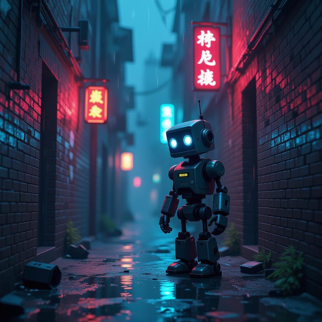 Weathered Robot in Gritty Cyberpunk Alleyway