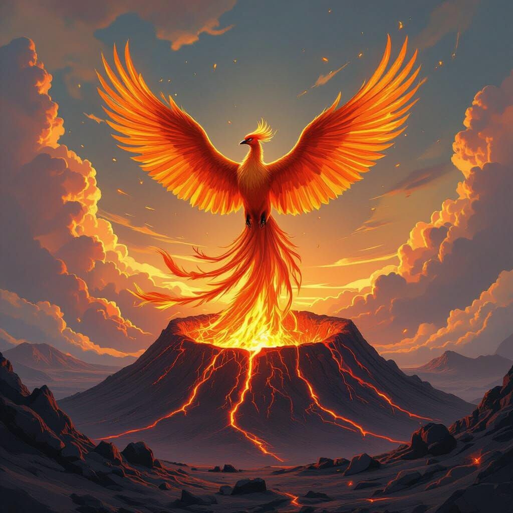 Majestic Phoenix Rises from Volcanic Crater in Fiery Style