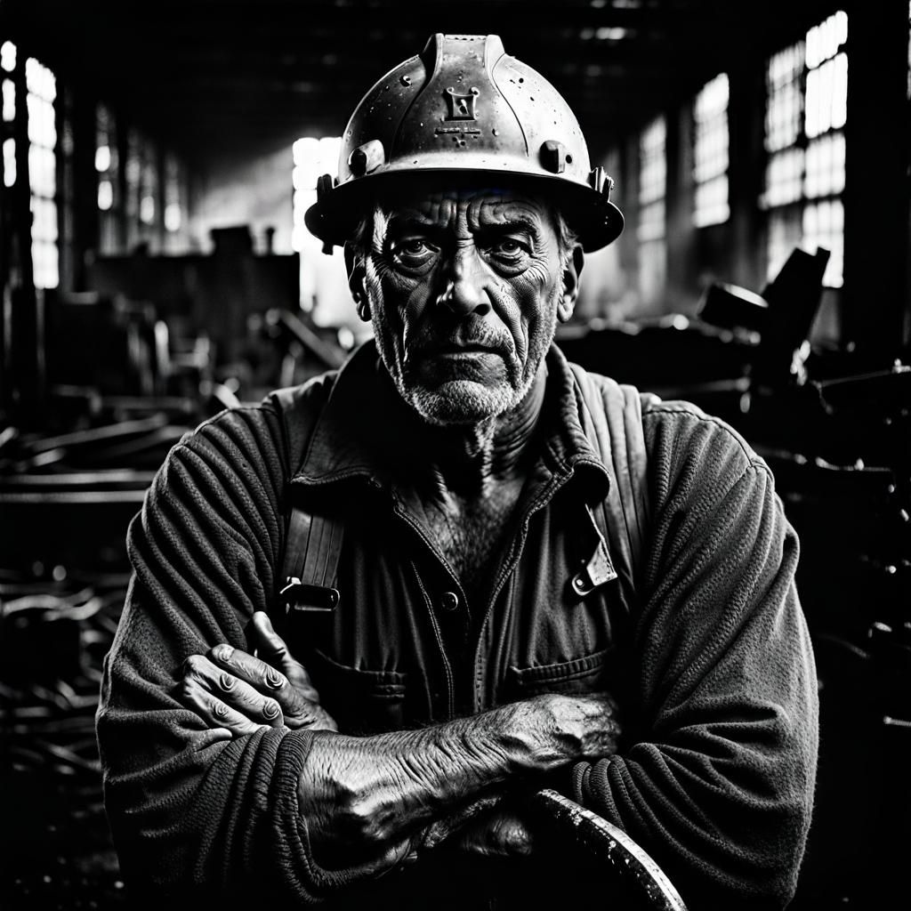 Exhausted Worker with Sledgehammer: Black and White Photogra...