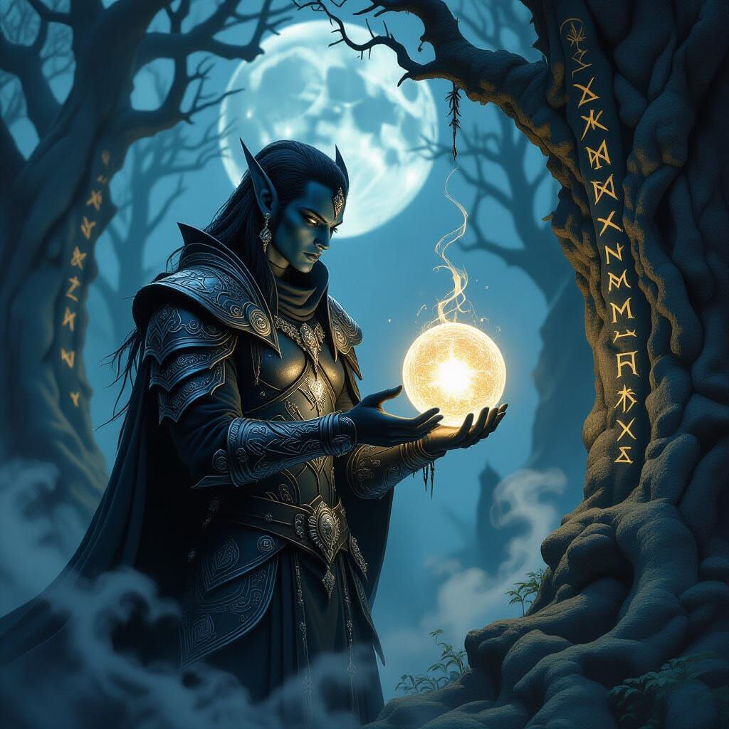 Dark Elf in Obsidian Armor in Moonlit Grove