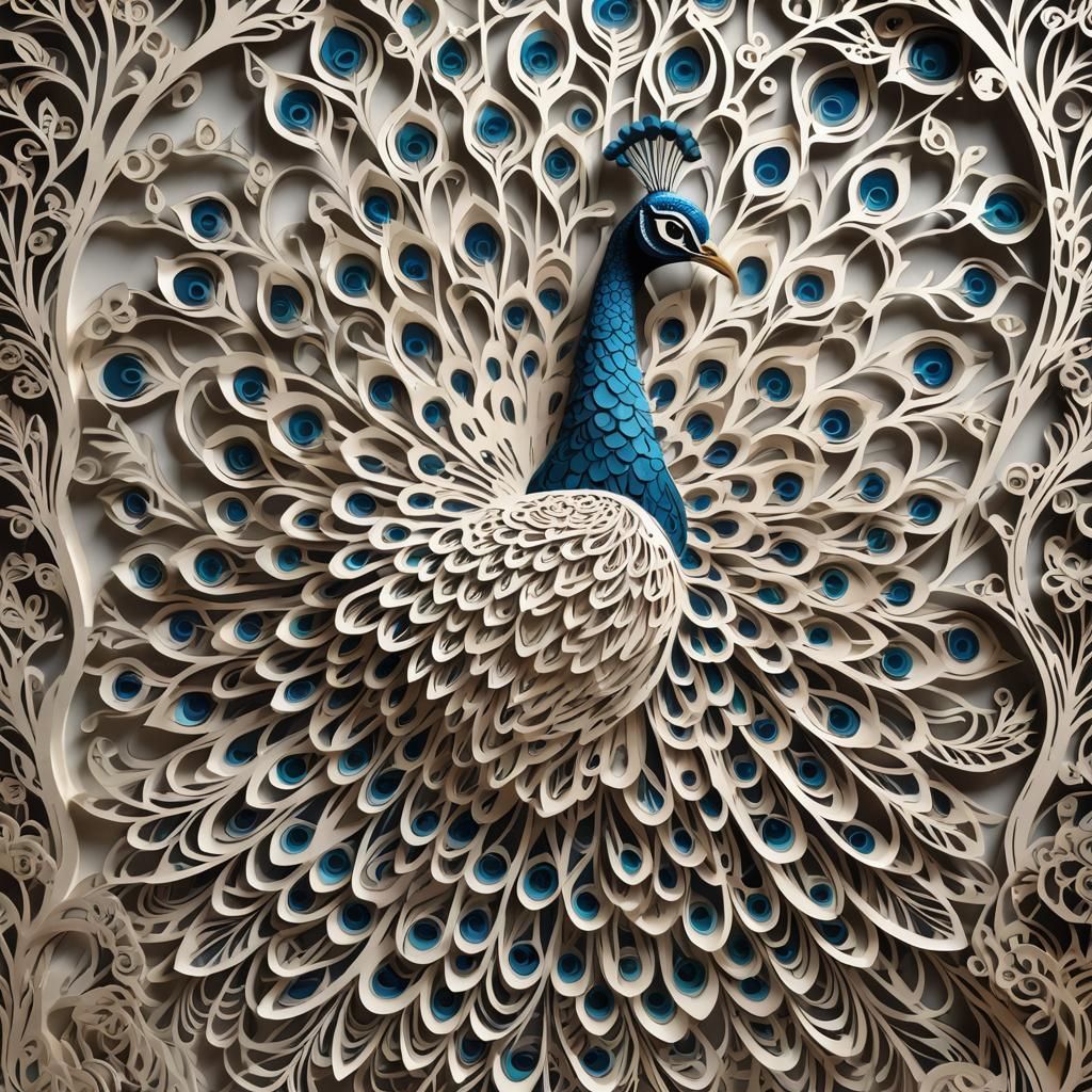 Intricate Paper Kirigami Peacock in HDR