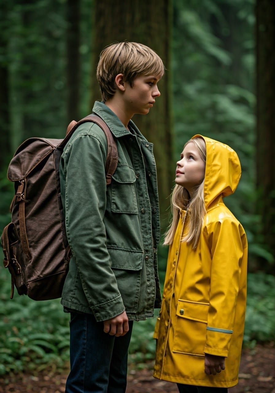 Blonde Boy and Girl Stand at Forest's Edge, Surrounded by Mi...