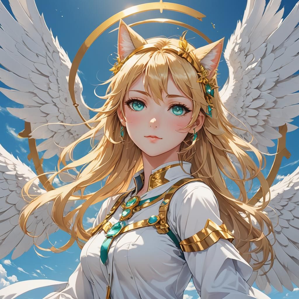 Anime Cat-Girl with Halo and Wings in Blue Sky