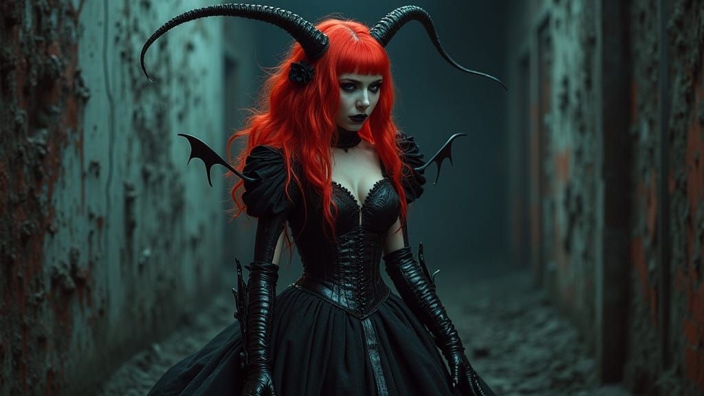 Goth Female Model as Cyber Devil Doll in Dark, Surreal Lands...