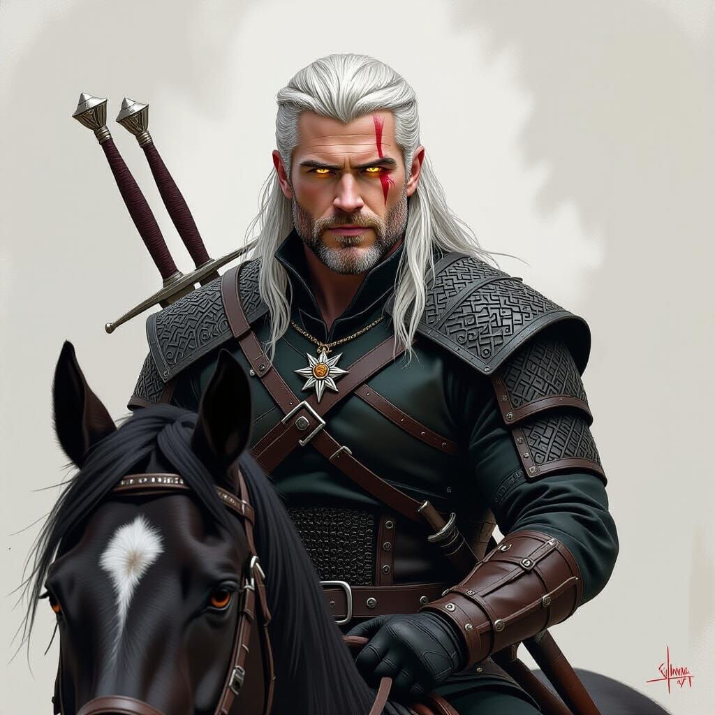 Geralt of Rivia on Roach in Dark Fantasy Style