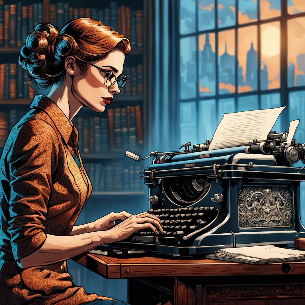 Modern Woman Typing on Antique Typewriter in Comic Style