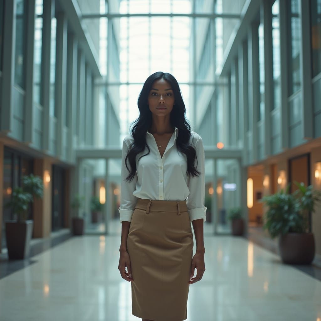 Native American Woman in Modern Office Lobby
