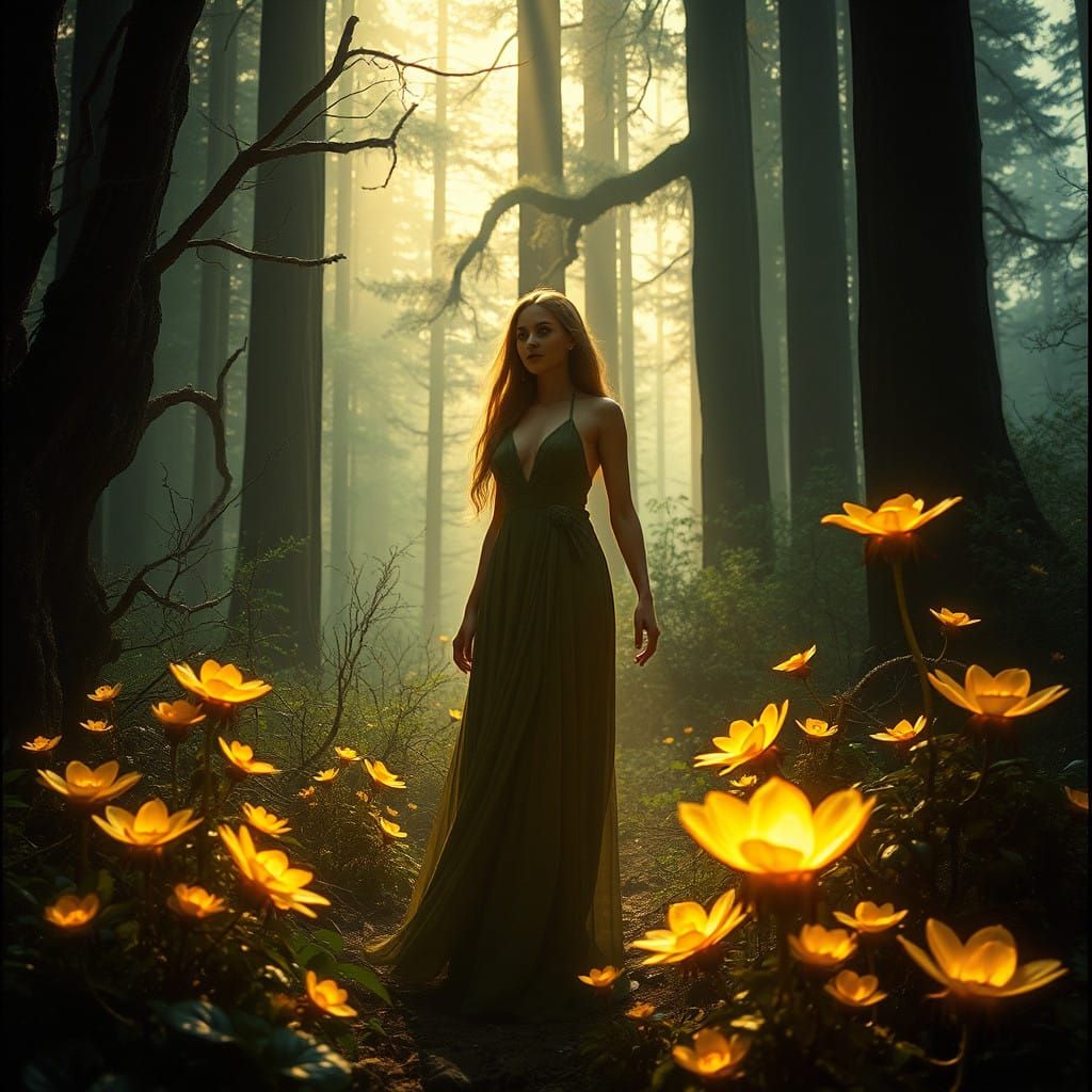 Mystical Woman Amidst Golden Blooming Forest