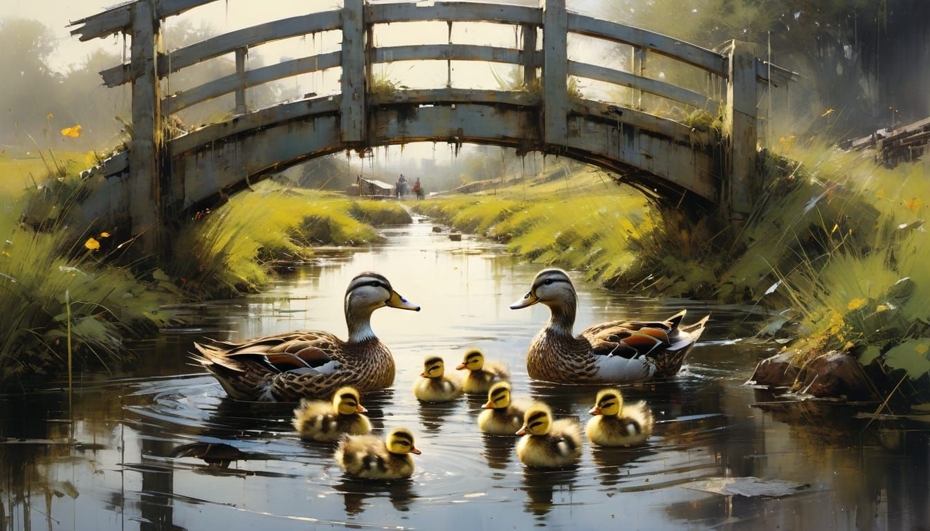 Mother Duck and Ducklings Crossing Bridge