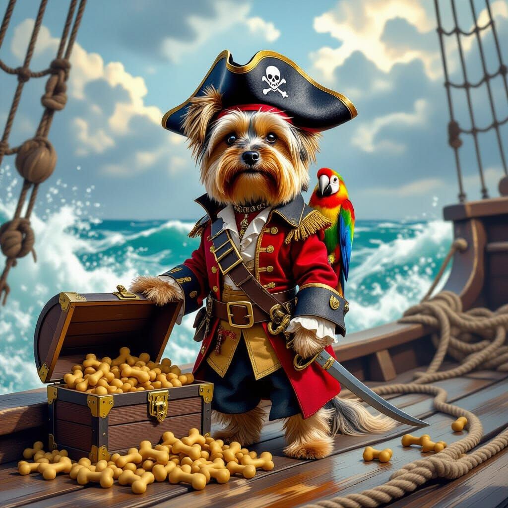 Yorkshire Terrier Pirate on Deck, Cinematic Lighting