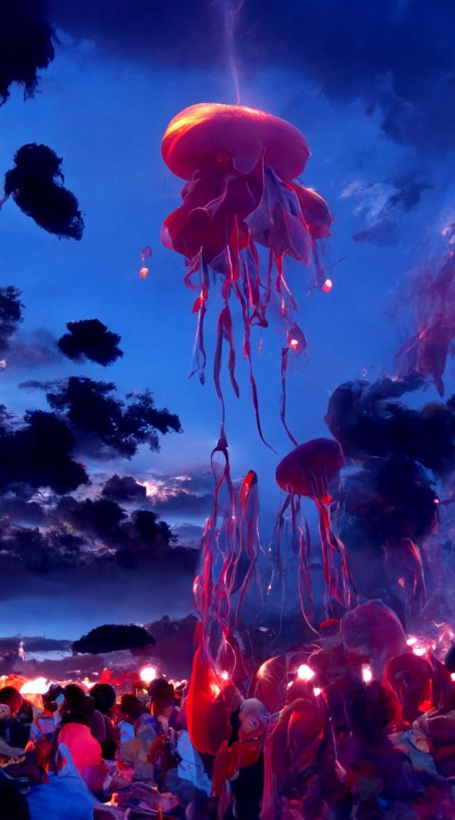 Festival Night Over Ocean of Jellyfish in Digital Art