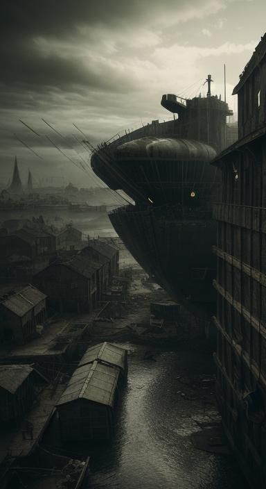 Dystopian Airship Anchored Over Crumbling Village