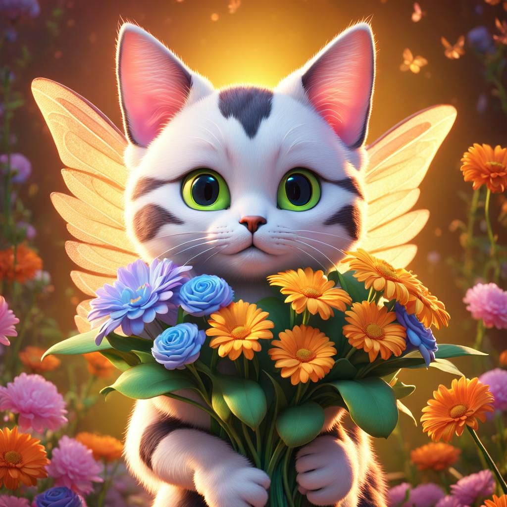 Cat with Fairy Wings Holding Flowers: 3D Digital Art